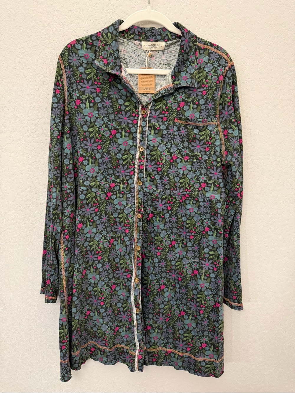 Natural Life Floral Print Button Front Shirt Dress Boho Lagenlook Women’s L NEW